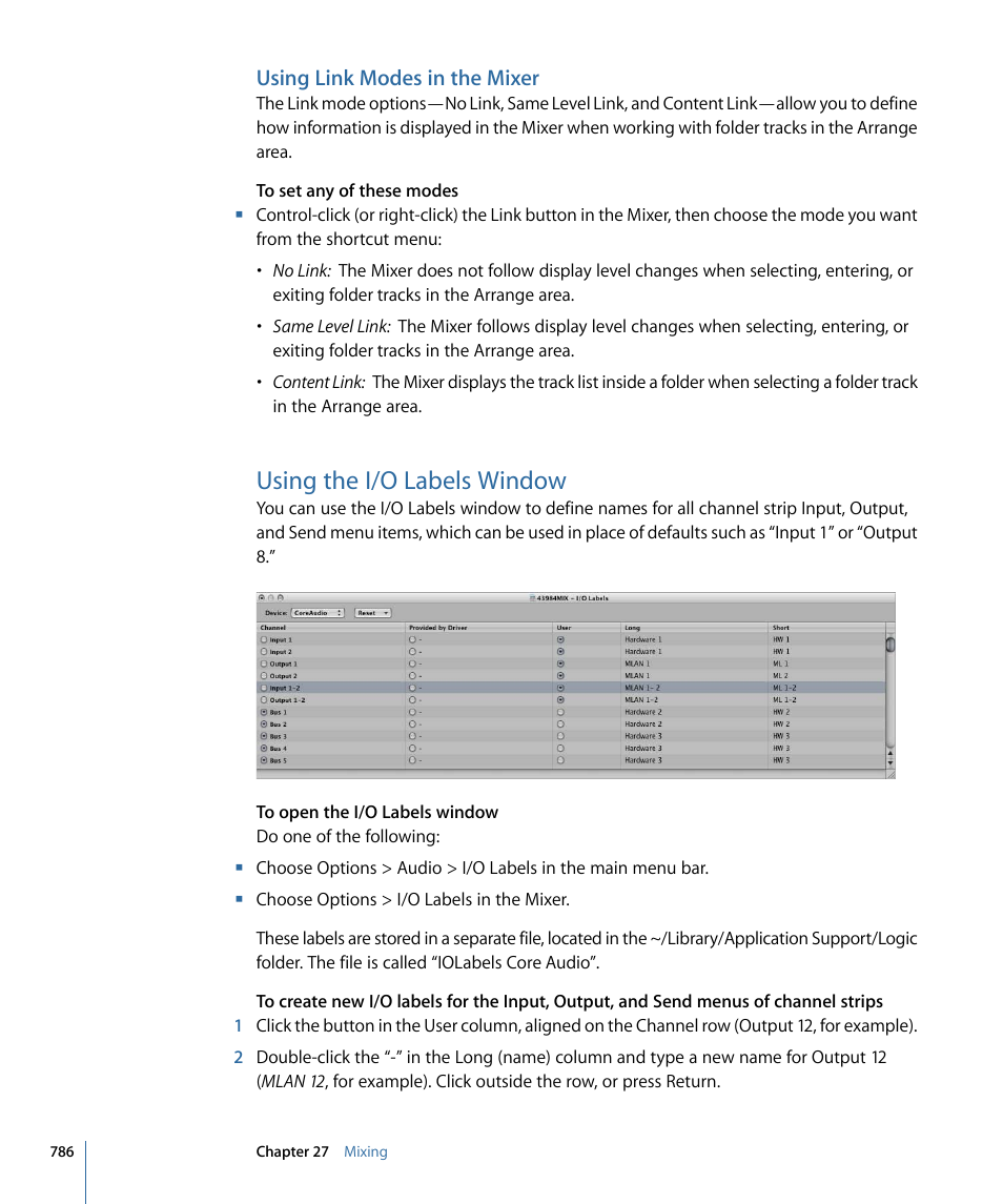 Using link modes in the mixer, Using the i/o labels window | Apple Logic Express 9 User Manual | Page 786 / 1294