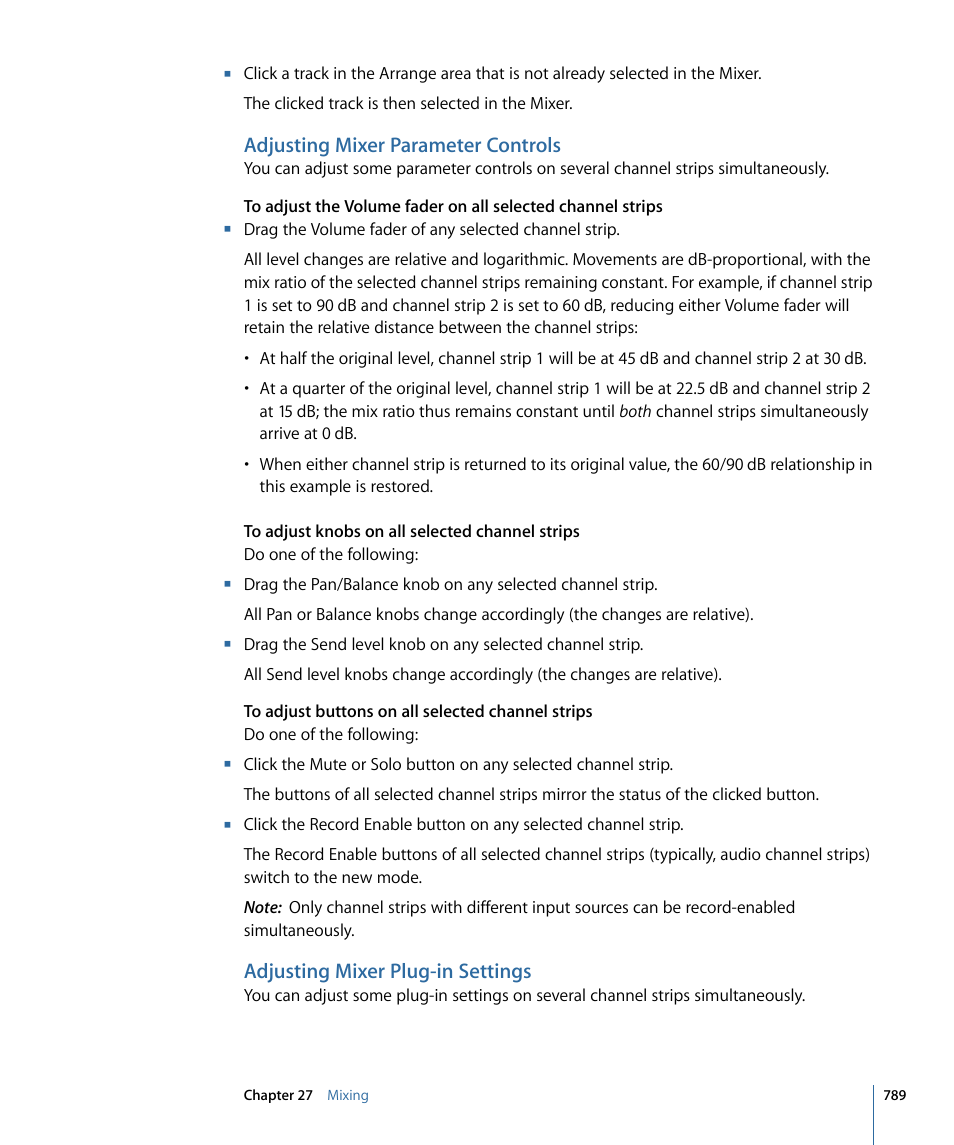 Adjusting mixer parameter controls, Adjusting mixer plug-in settings | Apple Logic Express 9 User Manual | Page 789 / 1294