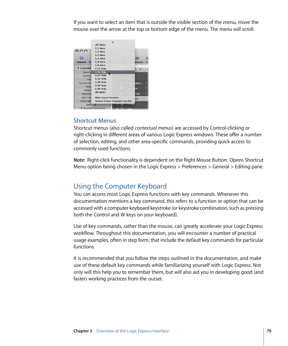 Shortcut menus, Using the computer keyboard | Apple Logic Express 9 User Manual | Page 79 / 1294