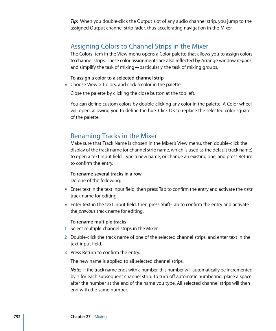 Assigning colors to channel strips in the mixer, Renaming tracks in the mixer, Renaming tracks in the | Mixer | Apple Logic Express 9 User Manual | Page 792 / 1294