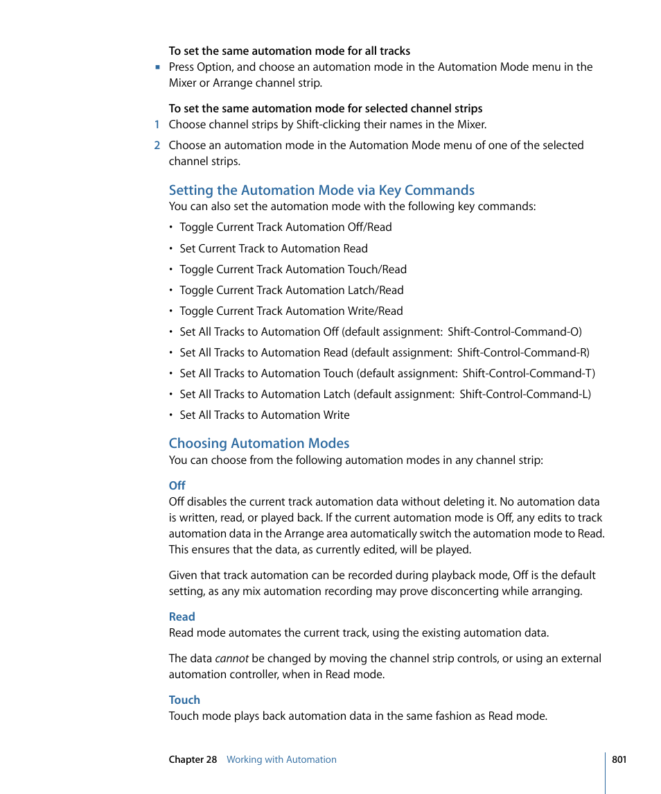 Setting the automation mode via key commands, Choosing automation modes, Read | Touch | Apple Logic Express 9 User Manual | Page 801 / 1294