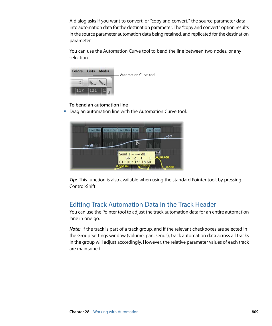 Editing track automation data in the track header | Apple Logic Express 9 User Manual | Page 809 / 1294