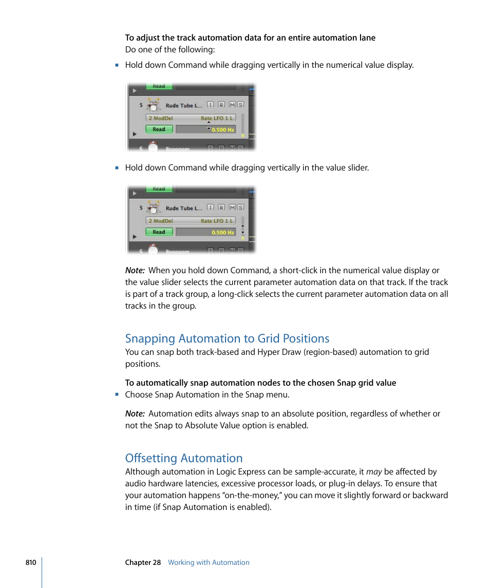 Snapping automation to grid positions, Offsetting automation | Apple Logic Express 9 User Manual | Page 810 / 1294