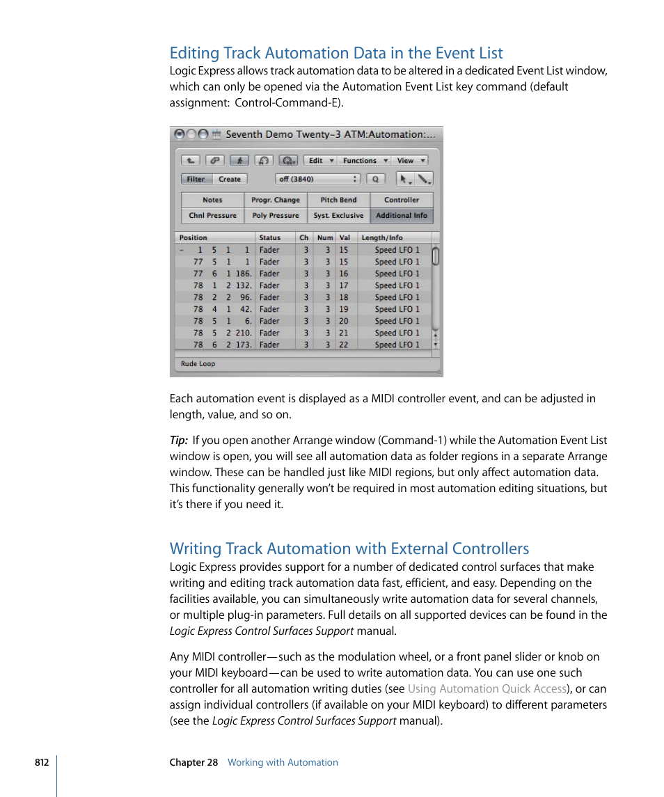 Editing track automation data in the event list, Writing track automation with external controllers | Apple Logic Express 9 User Manual | Page 812 / 1294