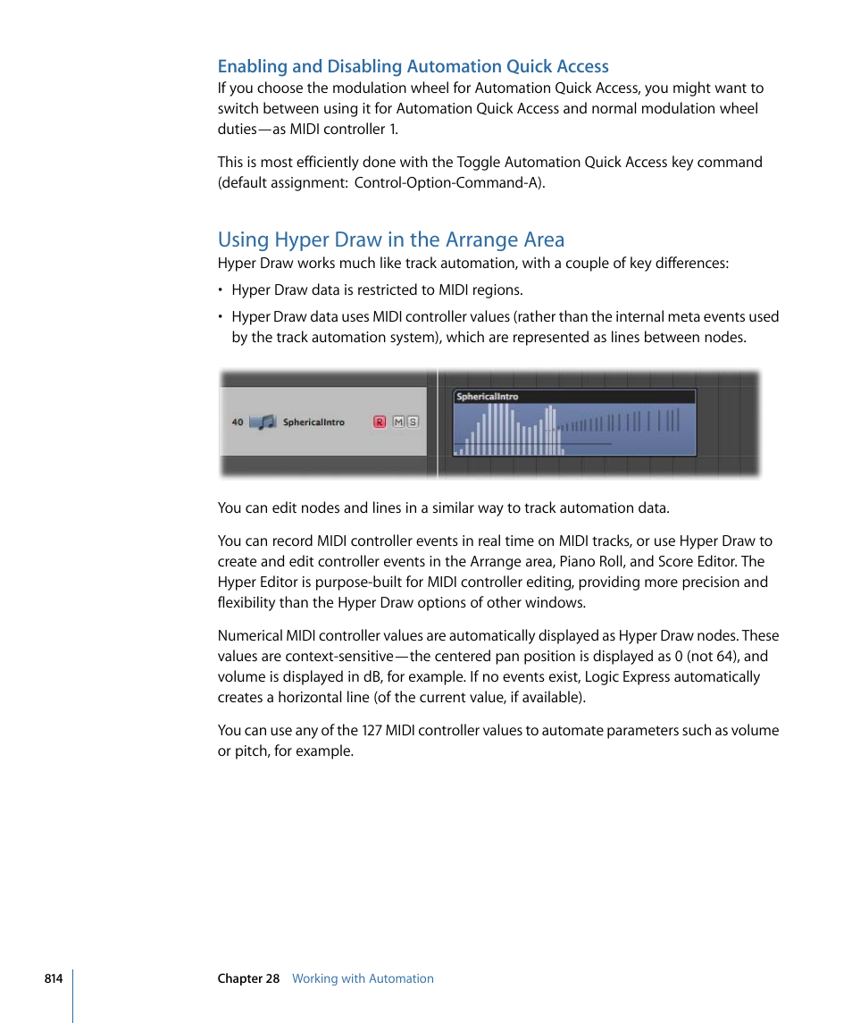 Enabling and disabling automation quick access, Using hyper draw in the arrange area | Apple Logic Express 9 User Manual | Page 814 / 1294
