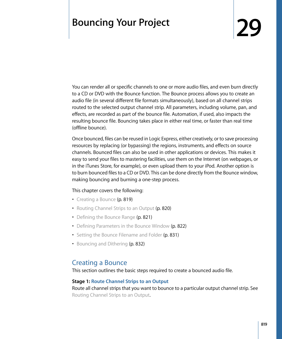 Bouncing your project, Creating a bounce | Apple Logic Express 9 User Manual | Page 819 / 1294