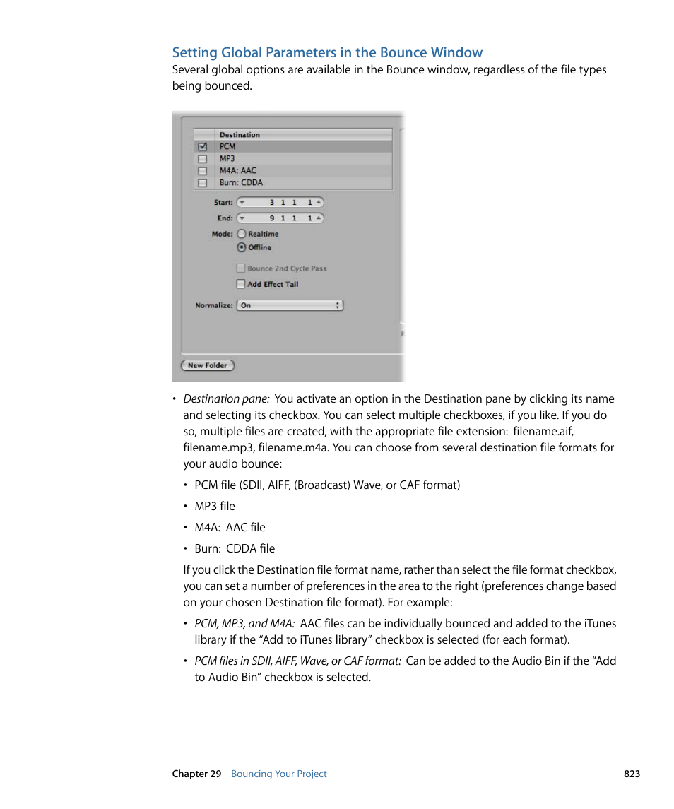 Setting global parameters in the bounce window | Apple Logic Express 9 User Manual | Page 823 / 1294