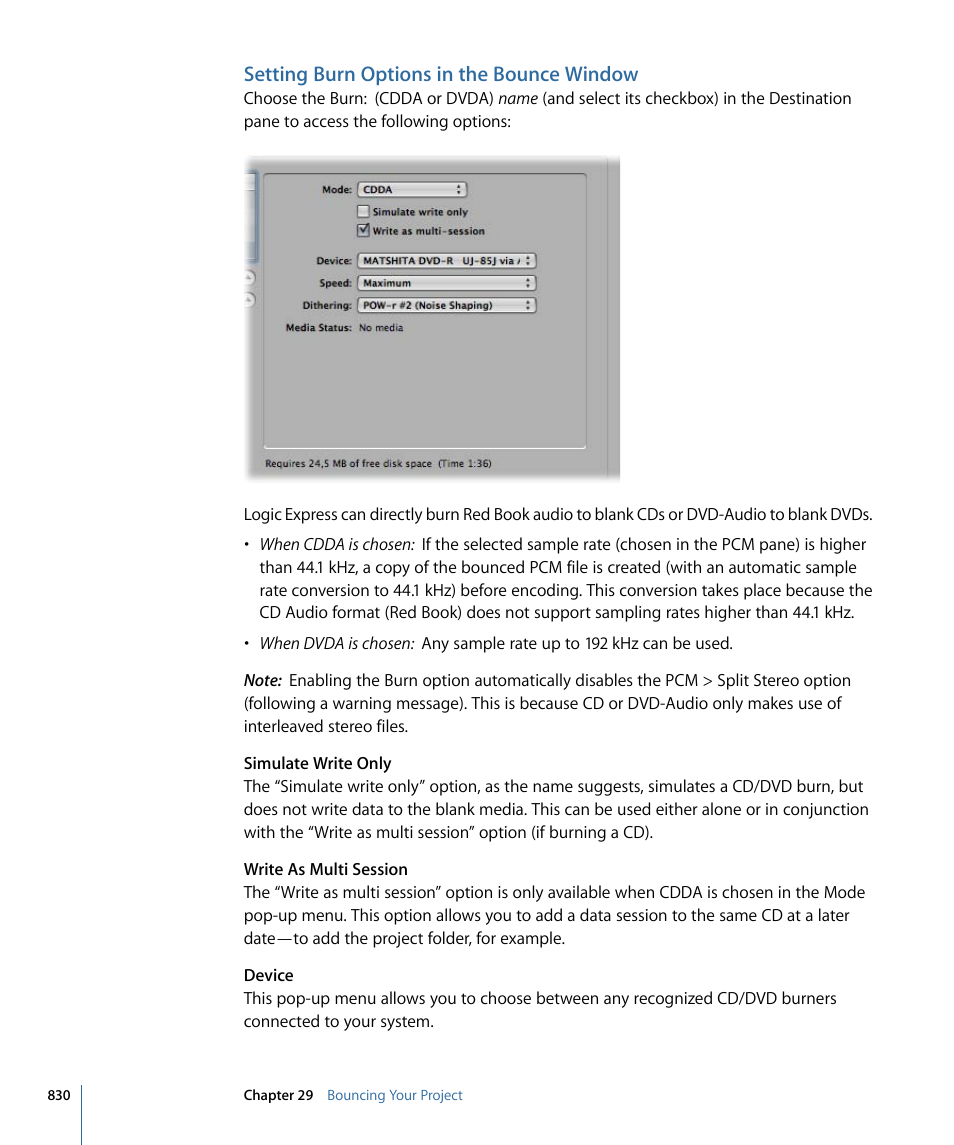 Setting burn options in the bounce window | Apple Logic Express 9 User Manual | Page 830 / 1294