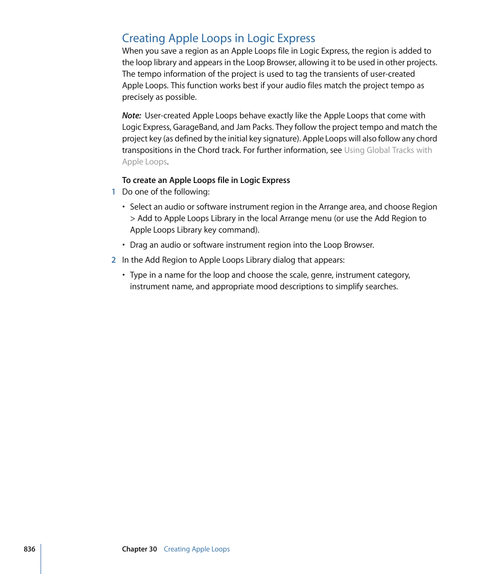 Creating apple loops in logic express, Creating apple loops in, Logic express | Apple Logic Express 9 User Manual | Page 836 / 1294