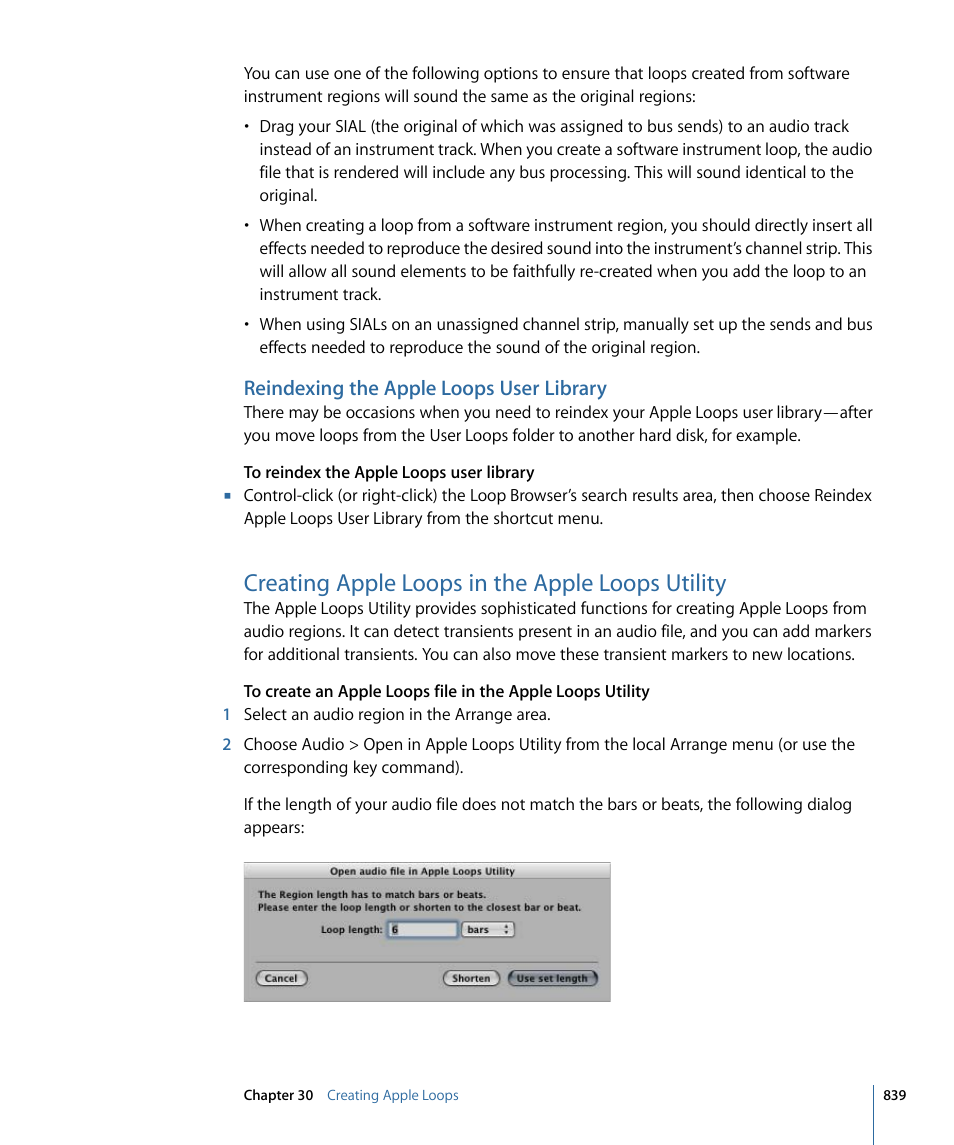 Reindexing the apple loops user library, Creating apple loops in the apple loops utility, Creating apple loops in the apple loops | Utility | Apple Logic Express 9 User Manual | Page 839 / 1294