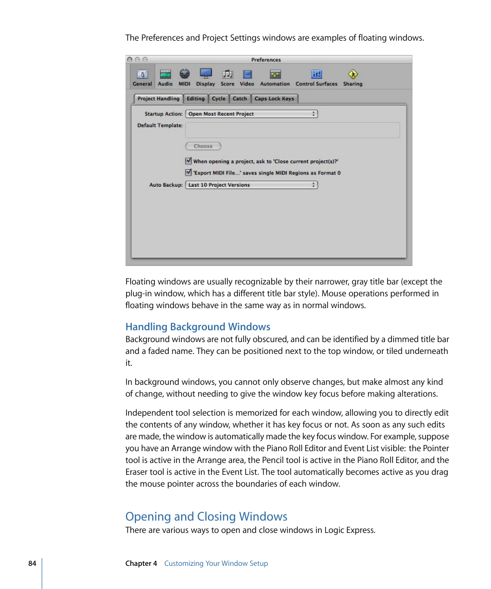 Handling background windows, Opening and closing windows | Apple Logic Express 9 User Manual | Page 84 / 1294