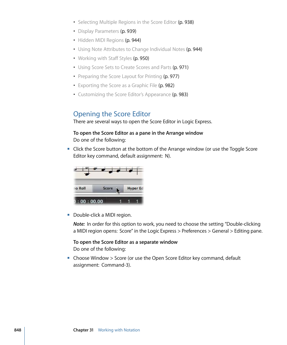 Opening the score editor | Apple Logic Express 9 User Manual | Page 848 / 1294
