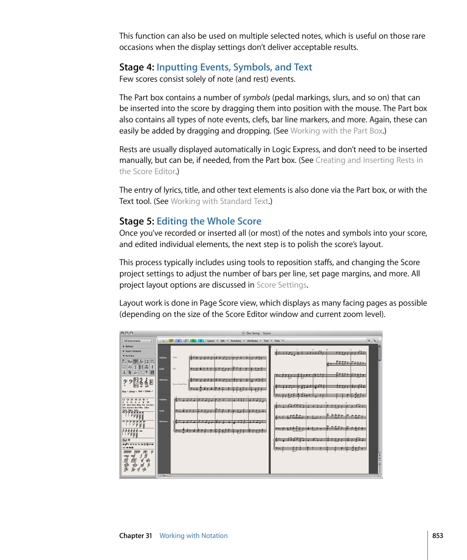 Stage 4: inputting events, symbols, and text, Stage 5: editing the whole score | Apple Logic Express 9 User Manual | Page 853 / 1294