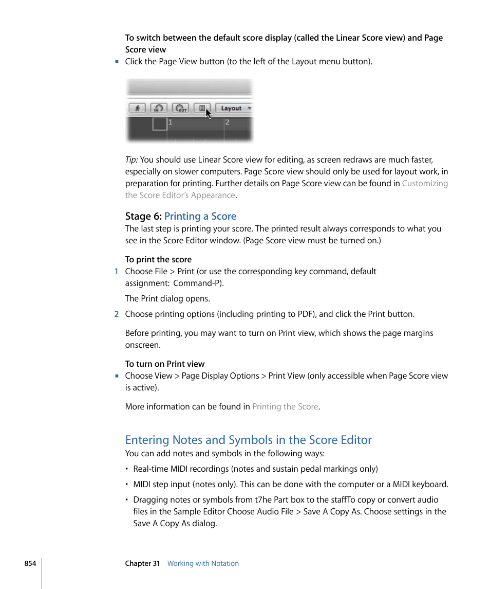 Stage 6: printing a score, Entering notes and symbols in the score editor | Apple Logic Express 9 User Manual | Page 854 / 1294