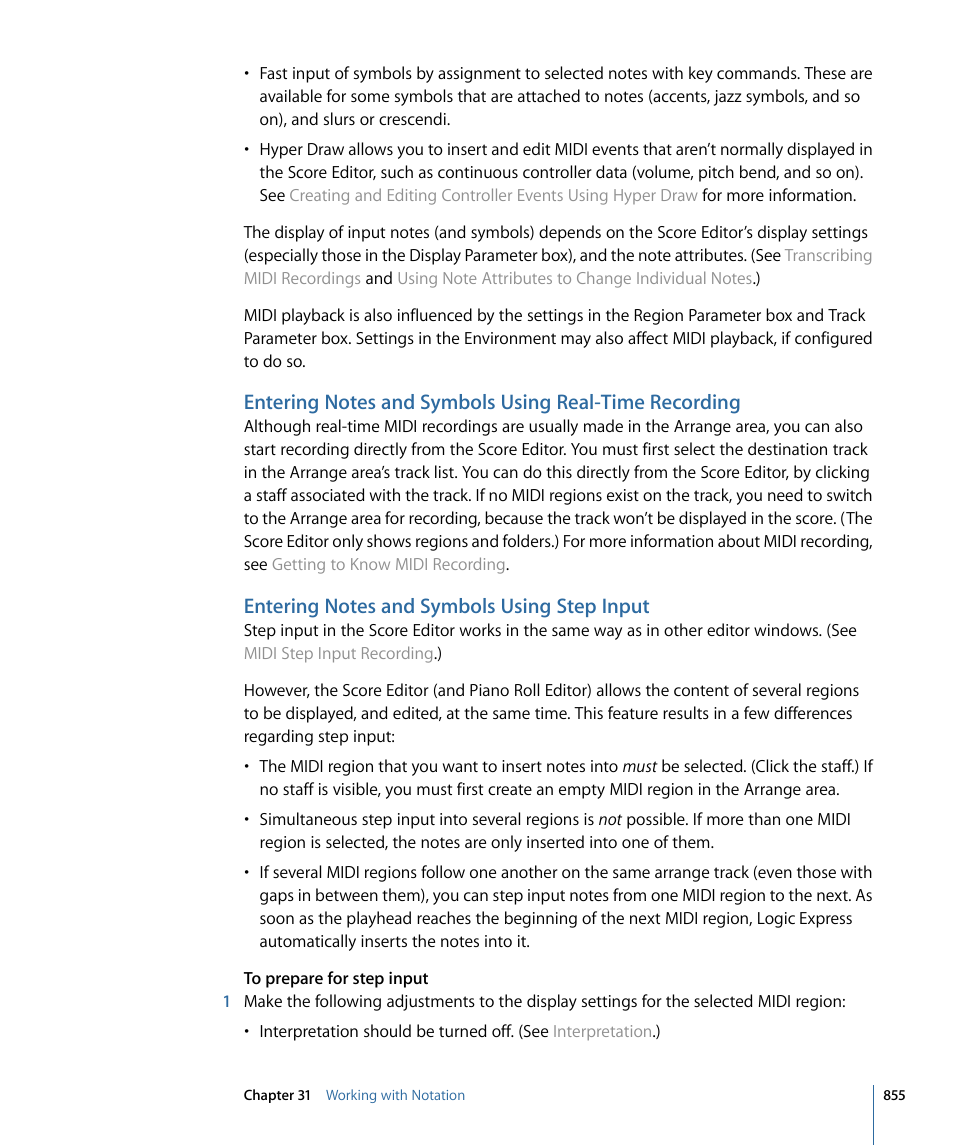 Entering notes and symbols using step input, Entering notes and symbols using, Real-time recording | Apple Logic Express 9 User Manual | Page 855 / 1294