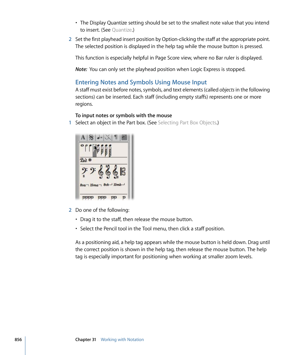 Entering notes and symbols using mouse input, Entering notes and symbols, Using mouse input | Apple Logic Express 9 User Manual | Page 856 / 1294