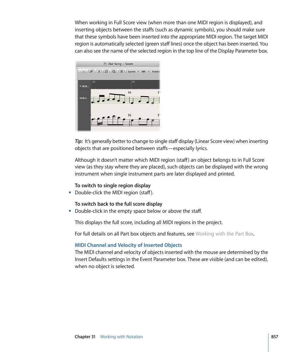 Midi channel and velocity of inserted objects | Apple Logic Express 9 User Manual | Page 857 / 1294