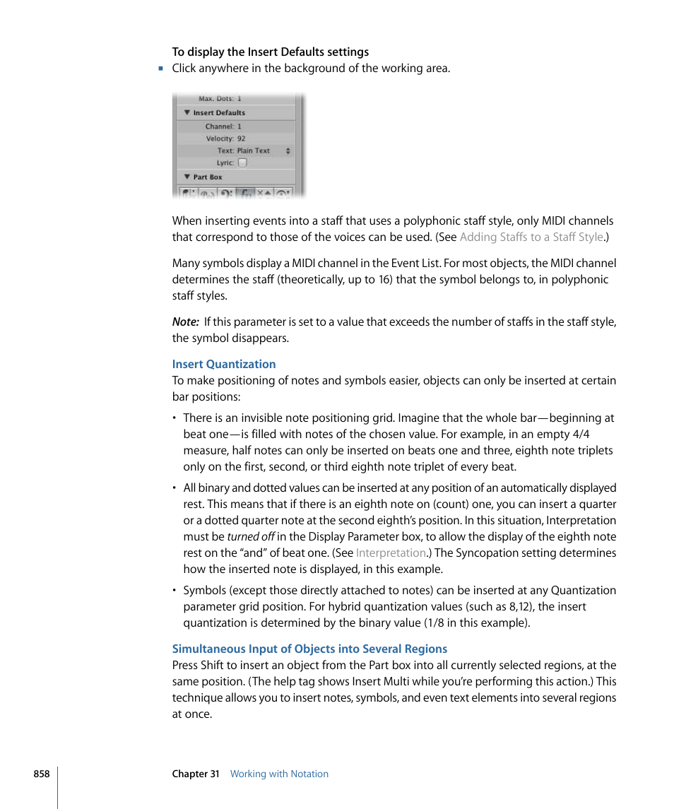 Insert quantization, Simultaneous input of objects into several regions | Apple Logic Express 9 User Manual | Page 858 / 1294