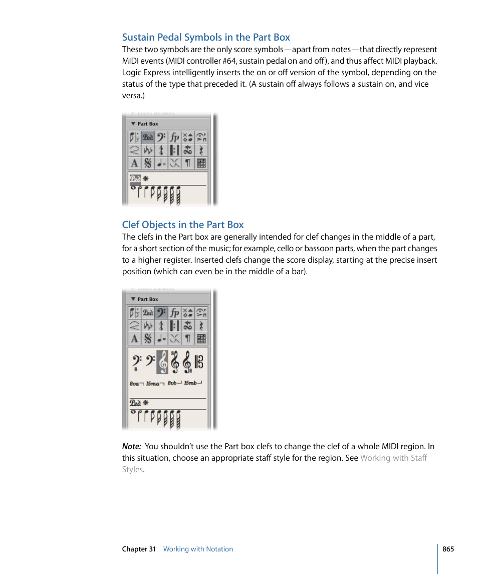 Sustain pedal symbols in the part box, Clef objects in the part box | Apple Logic Express 9 User Manual | Page 865 / 1294