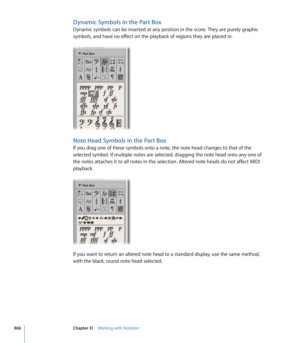 Dynamic symbols in the part box, Note head symbols in the part box | Apple Logic Express 9 User Manual | Page 866 / 1294