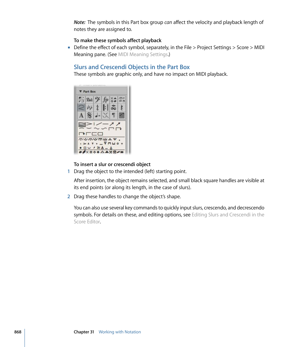 Slurs and crescendi objects in the part box | Apple Logic Express 9 User Manual | Page 868 / 1294