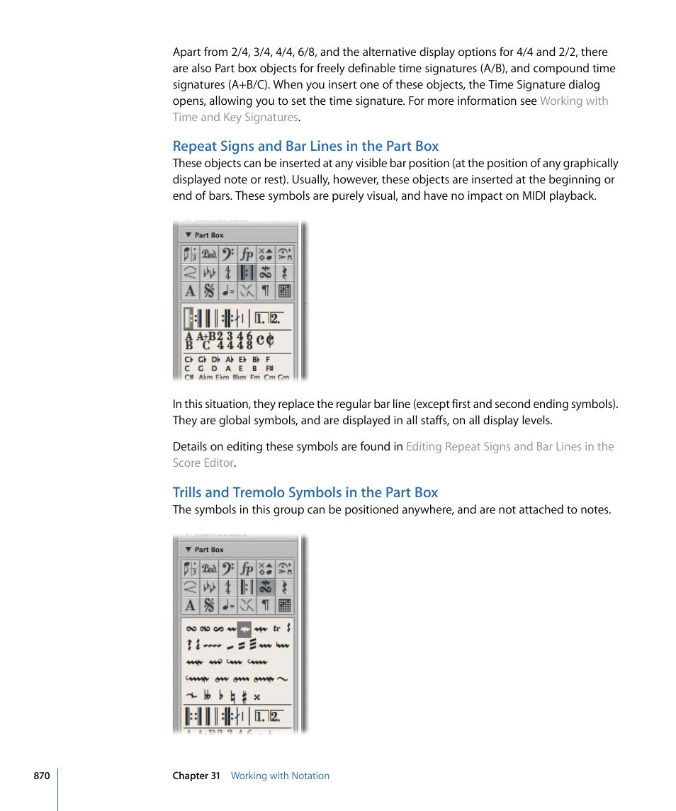 Repeat signs and bar lines in the part box, Trills and tremolo symbols in the part box | Apple Logic Express 9 User Manual | Page 870 / 1294