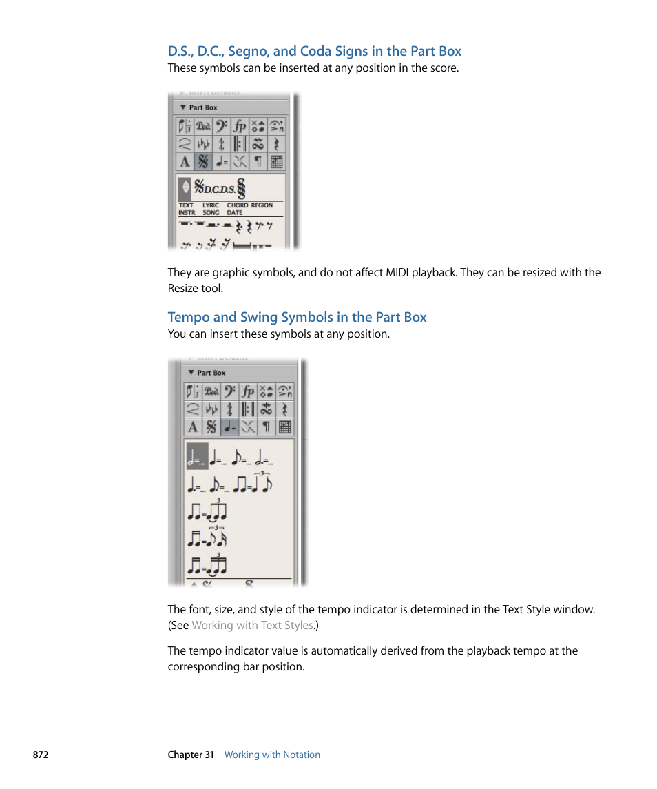 D.s., d.c., segno, and coda signs in the part box, Tempo and swing symbols in the part box | Apple Logic Express 9 User Manual | Page 872 / 1294