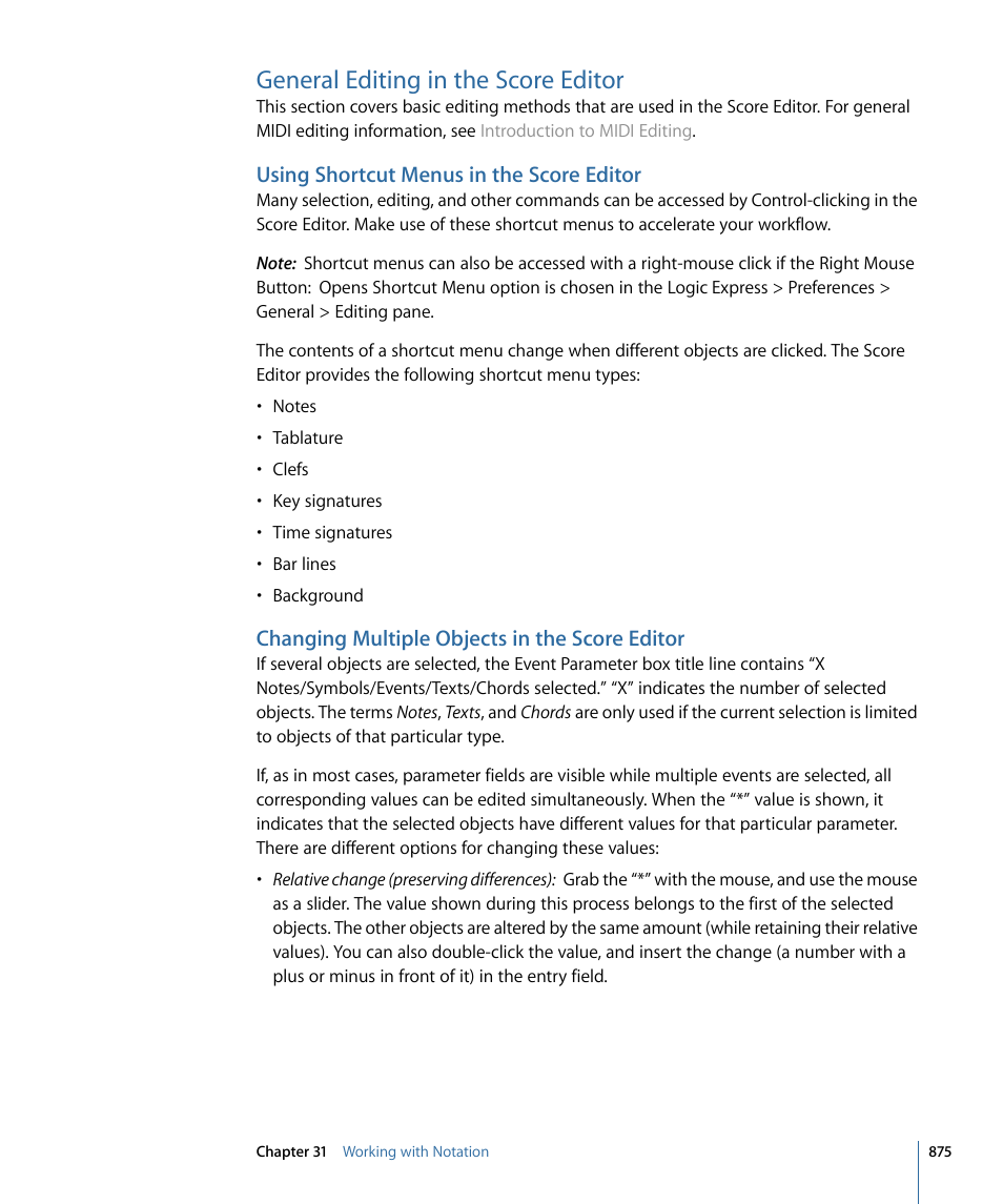 General editing in the score editor, Using shortcut menus in the score editor, Changing multiple objects in the score editor | Apple Logic Express 9 User Manual | Page 875 / 1294