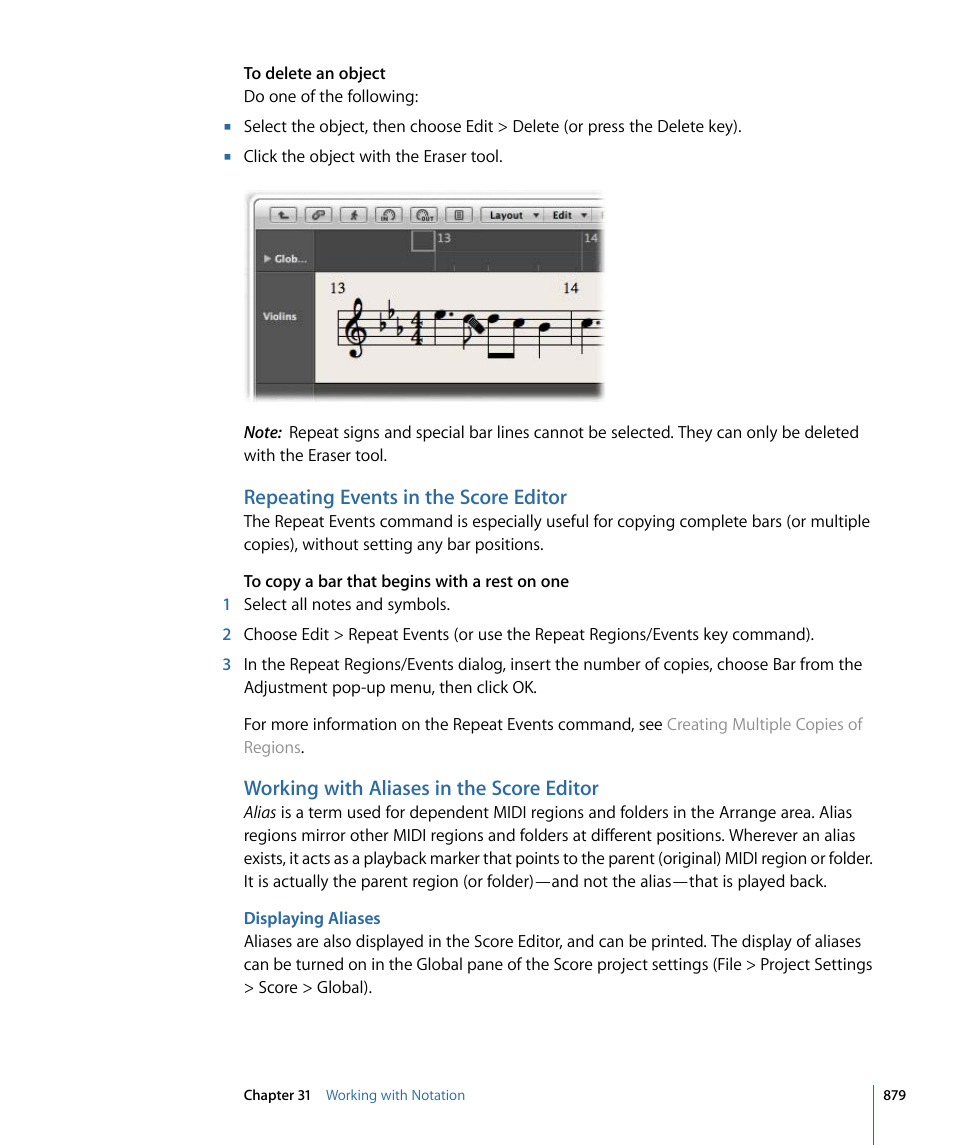 Repeating events in the score editor, Working with aliases in the score editor, Displaying aliases | Apple Logic Express 9 User Manual | Page 879 / 1294