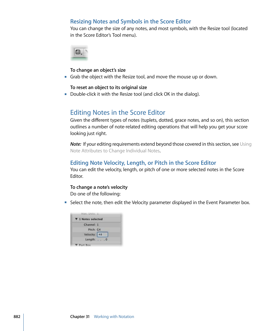 Resizing notes and symbols in the score editor, Editing notes in the score editor | Apple Logic Express 9 User Manual | Page 882 / 1294