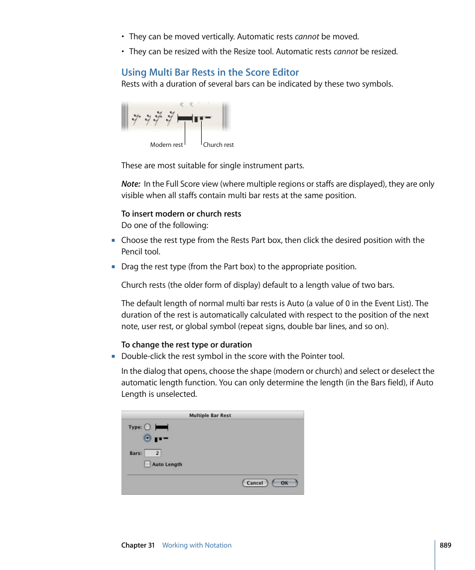 Using multi bar rests in the score editor | Apple Logic Express 9 User Manual | Page 889 / 1294