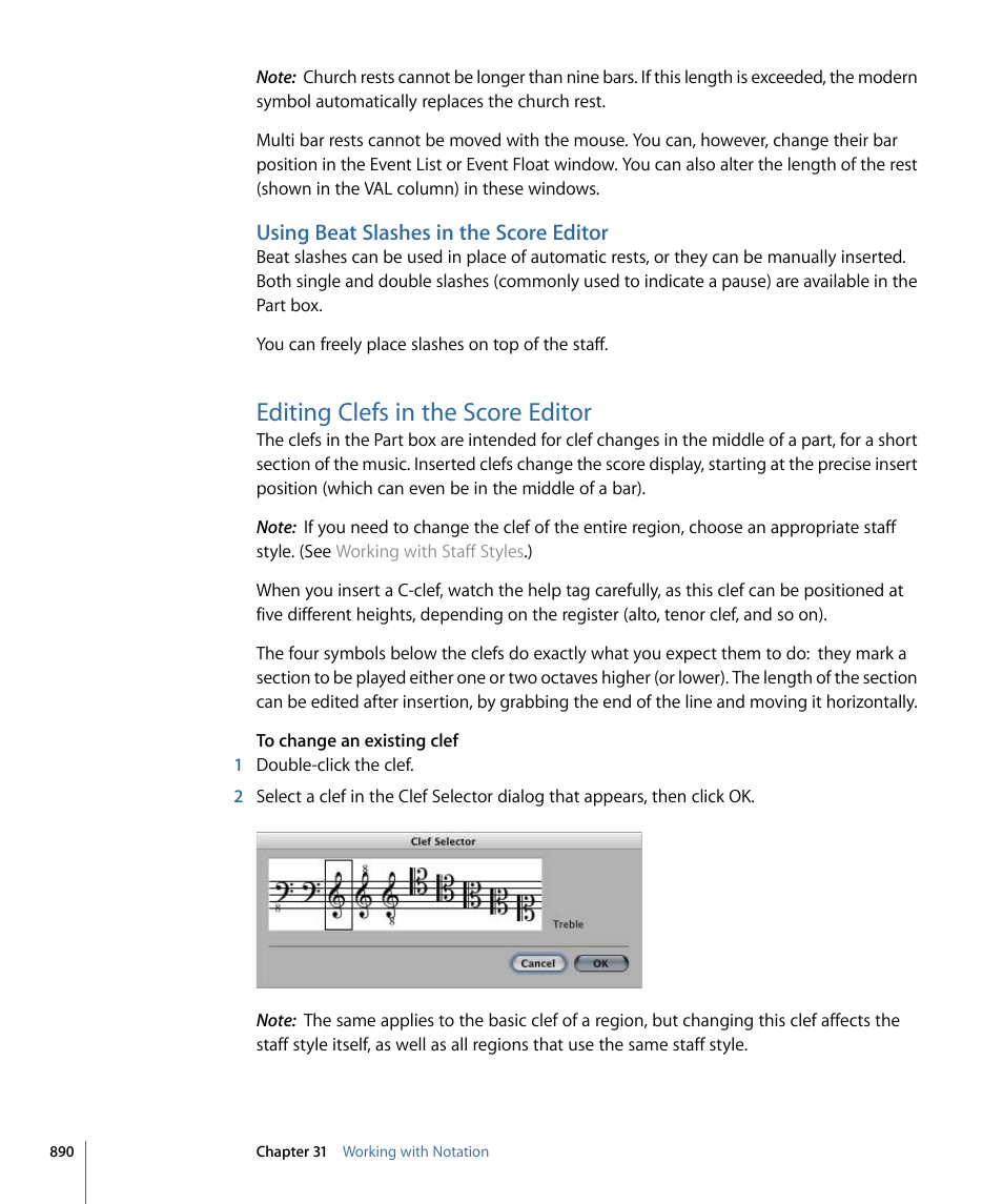 Using beat slashes in the score editor, Editing clefs in the score editor | Apple Logic Express 9 User Manual | Page 890 / 1294