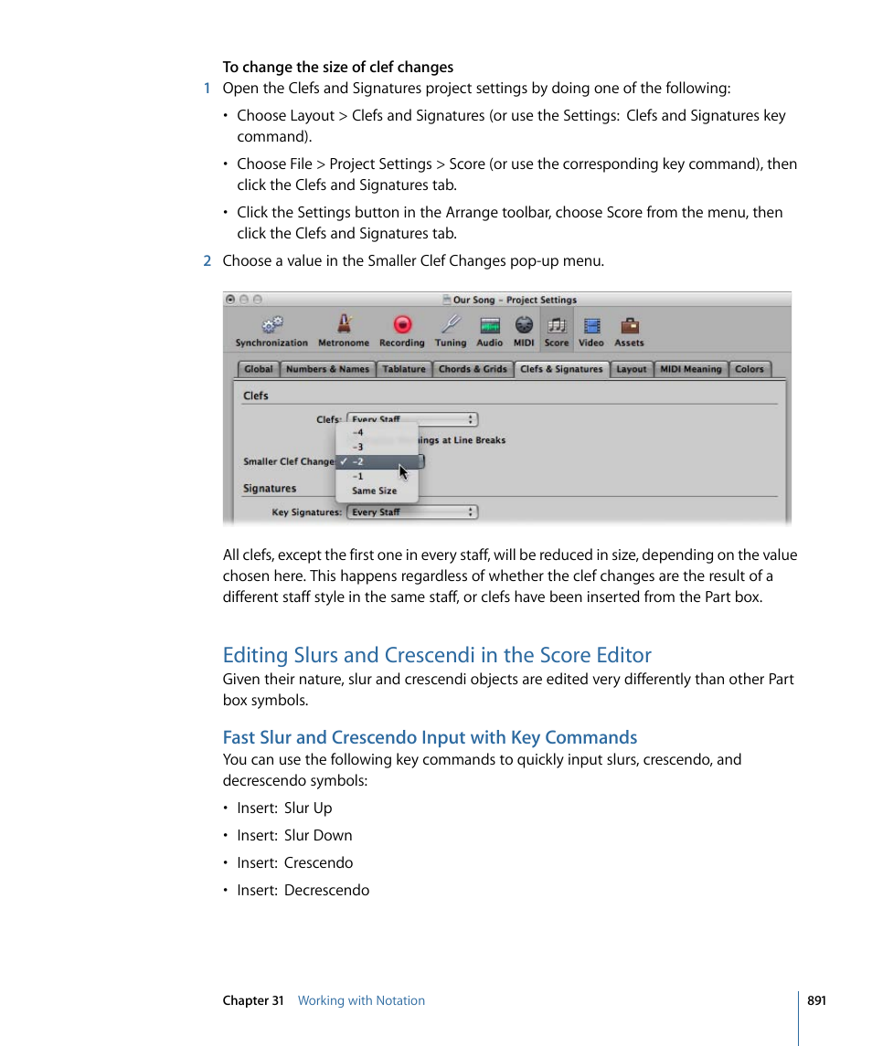 Editing slurs and crescendi in the score editor, Fast slur and crescendo input with key commands, Editing slurs and crescendi in the | Score editor | Apple Logic Express 9 User Manual | Page 891 / 1294