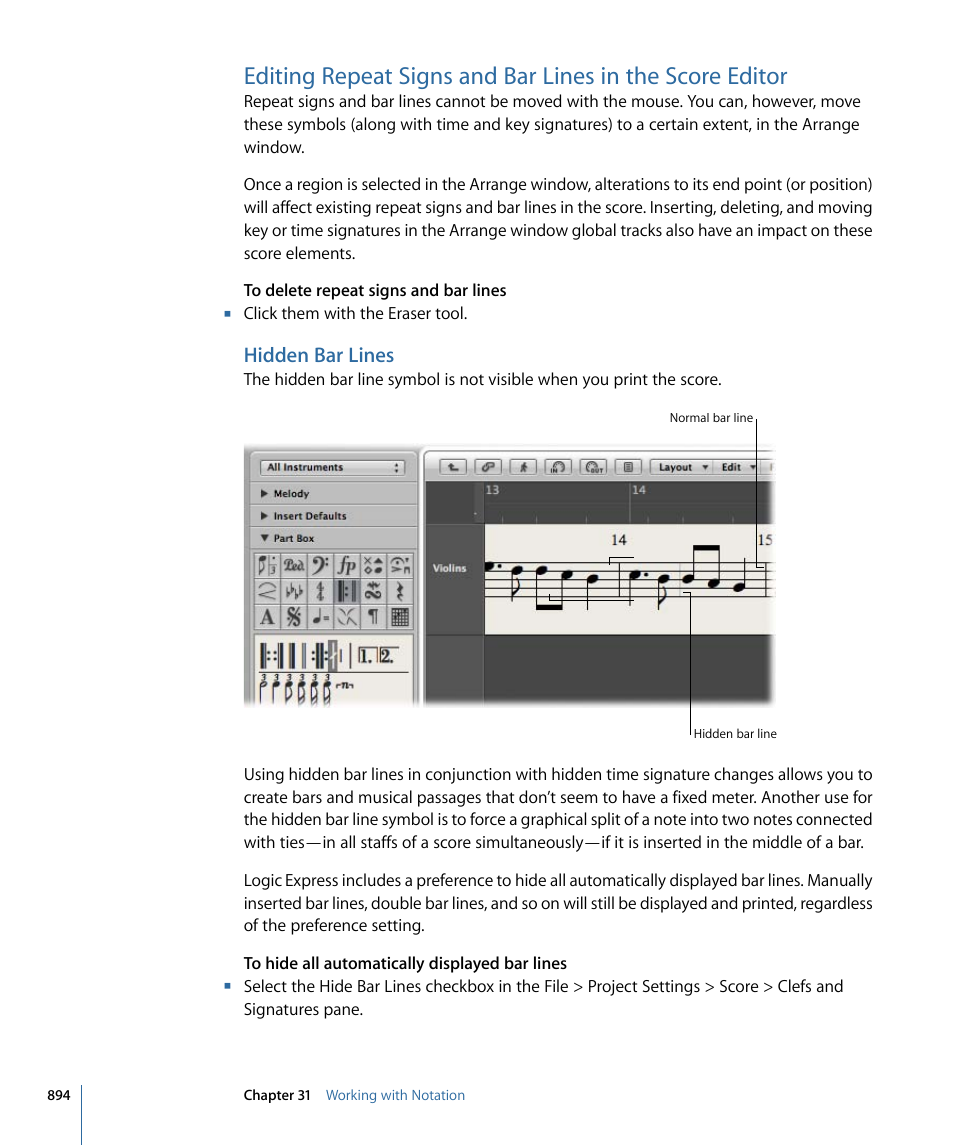 Hidden bar lines, Editing repeat signs and bar lines in the, Score editor | Apple Logic Express 9 User Manual | Page 894 / 1294