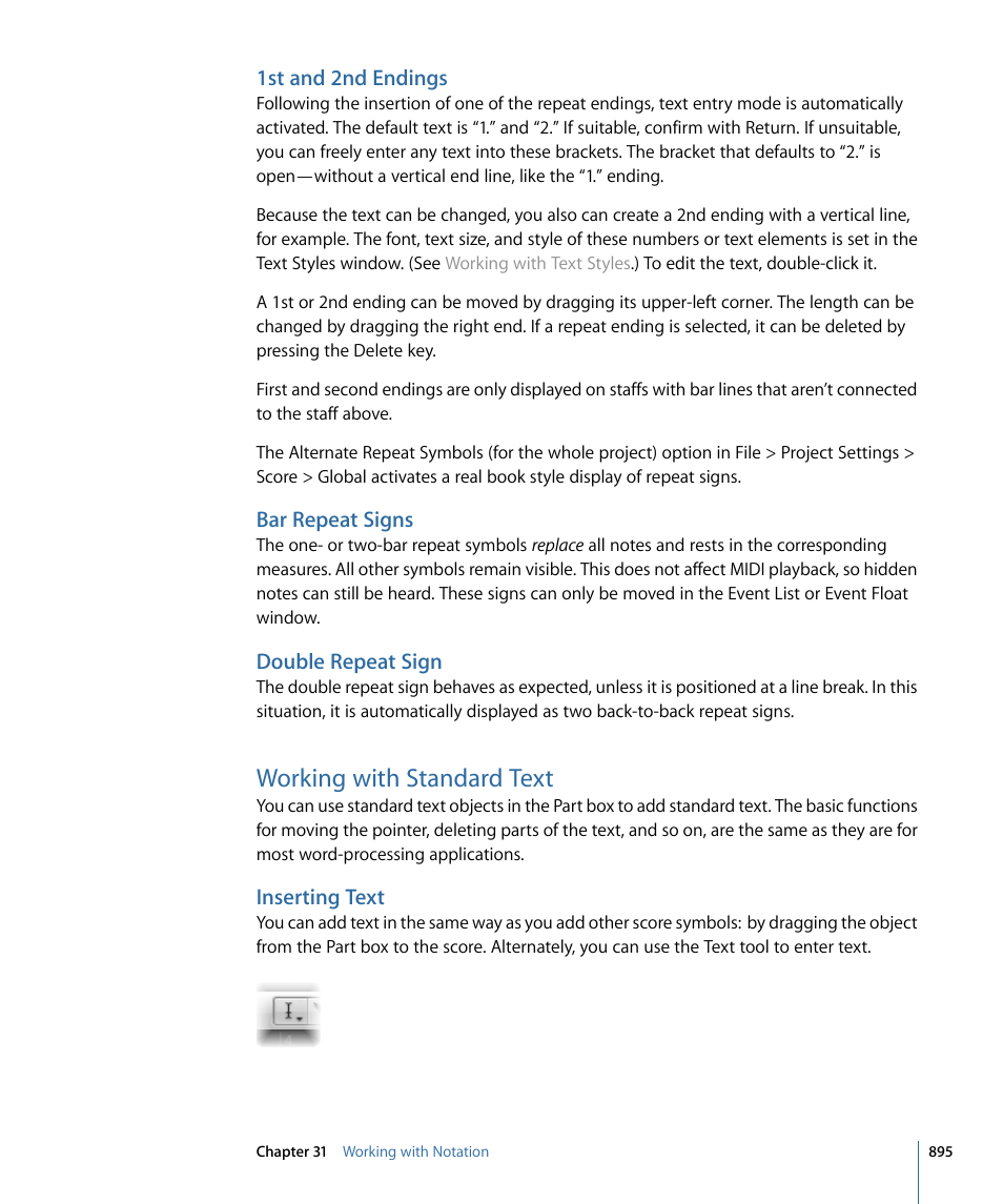 1st and 2nd endings, Bar repeat signs, Double repeat sign | Working with standard text, Inserting text | Apple Logic Express 9 User Manual | Page 895 / 1294
