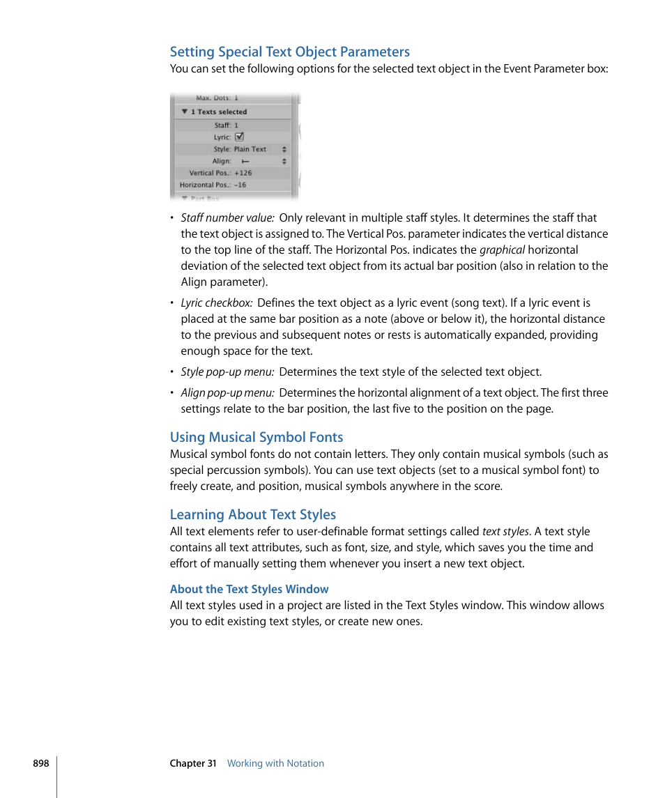 Setting special text object parameters, Using musical symbol fonts, Learning about text styles | About the text styles window | Apple Logic Express 9 User Manual | Page 898 / 1294