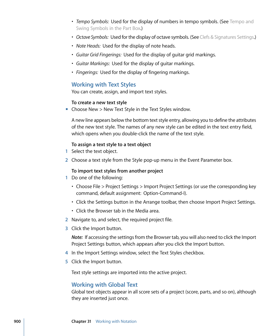 Working with text styles, Working with global text | Apple Logic Express 9 User Manual | Page 900 / 1294