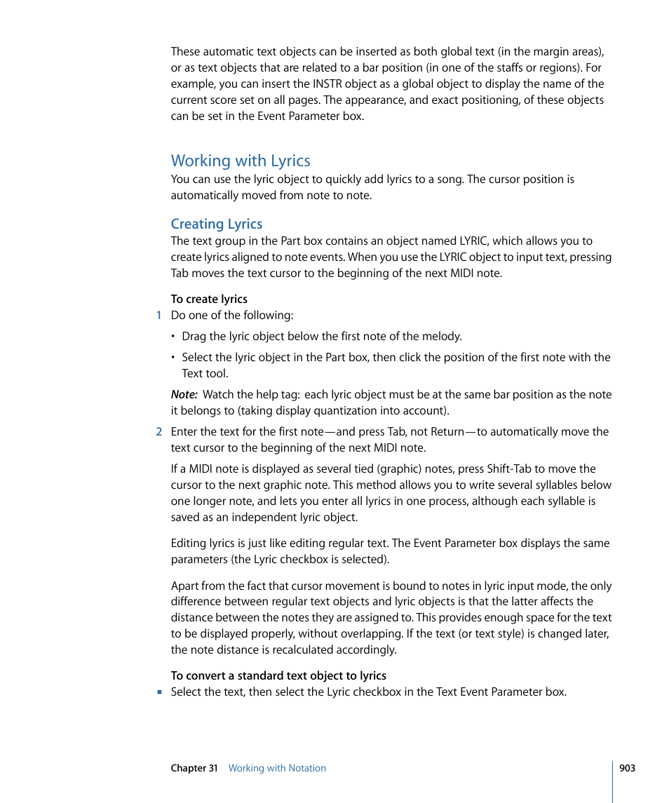 Working with lyrics, Creating lyrics | Apple Logic Express 9 User Manual | Page 903 / 1294