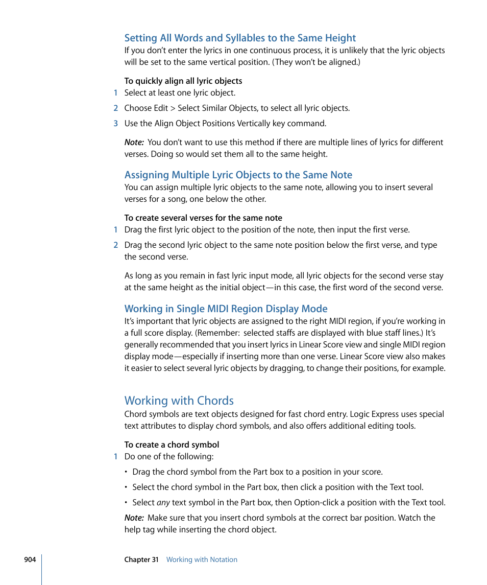 Setting all words and syllables to the same height, Assigning multiple lyric objects to the same note, Working in single midi region display mode | Working with chords | Apple Logic Express 9 User Manual | Page 904 / 1294