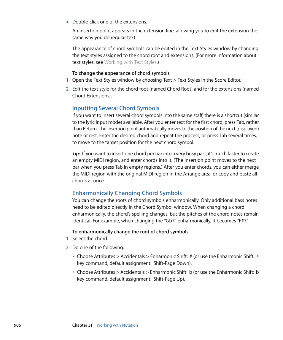 Inputting several chord symbols, Enharmonically changing chord symbols | Apple Logic Express 9 User Manual | Page 906 / 1294