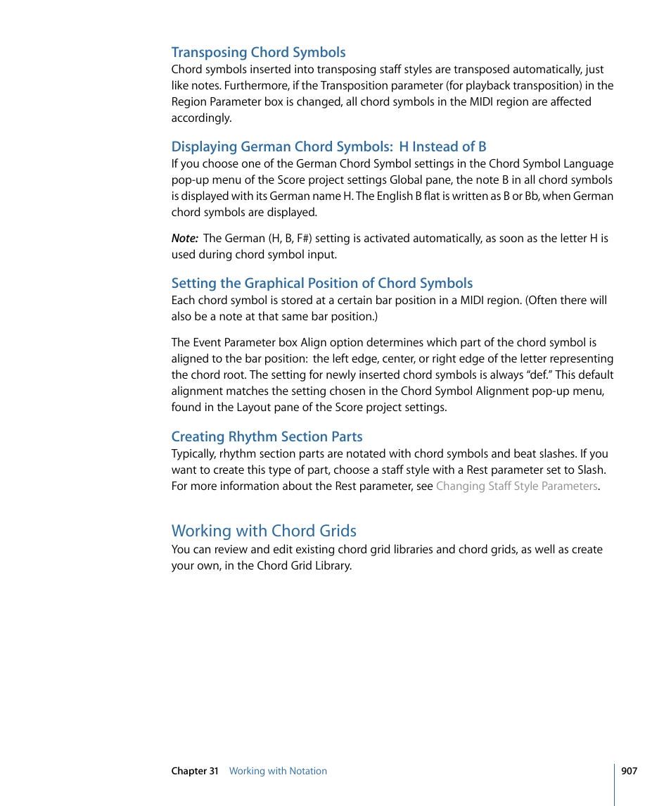 Transposing chord symbols, Displaying german chord symbols: h instead of b, Setting the graphical position of chord symbols | Creating rhythm section parts, Working with chord grids | Apple Logic Express 9 User Manual | Page 907 / 1294