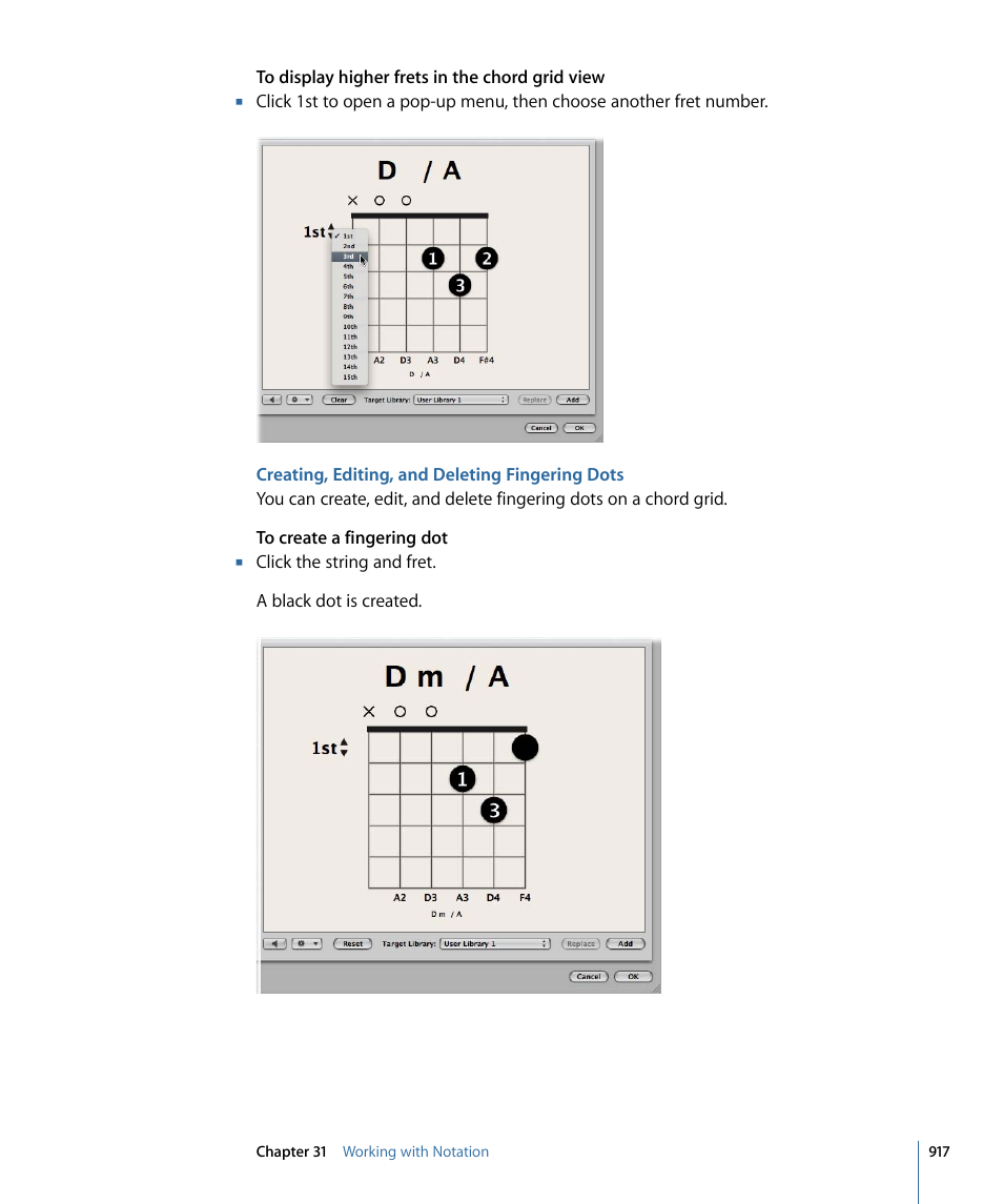 Creating, editing, and deleting fingering dots | Apple Logic Express 9 User Manual | Page 917 / 1294
