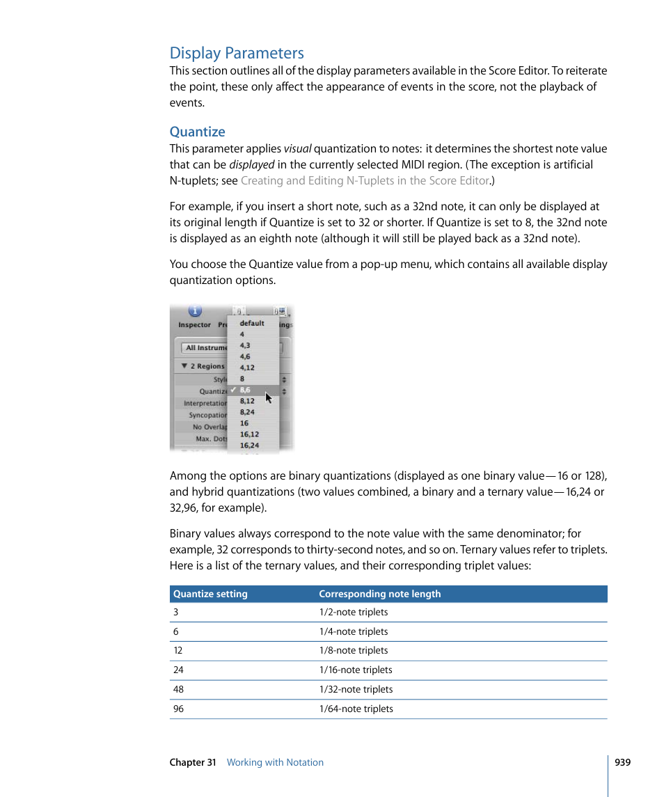 Display parameters, Quantize | Apple Logic Express 9 User Manual | Page 939 / 1294