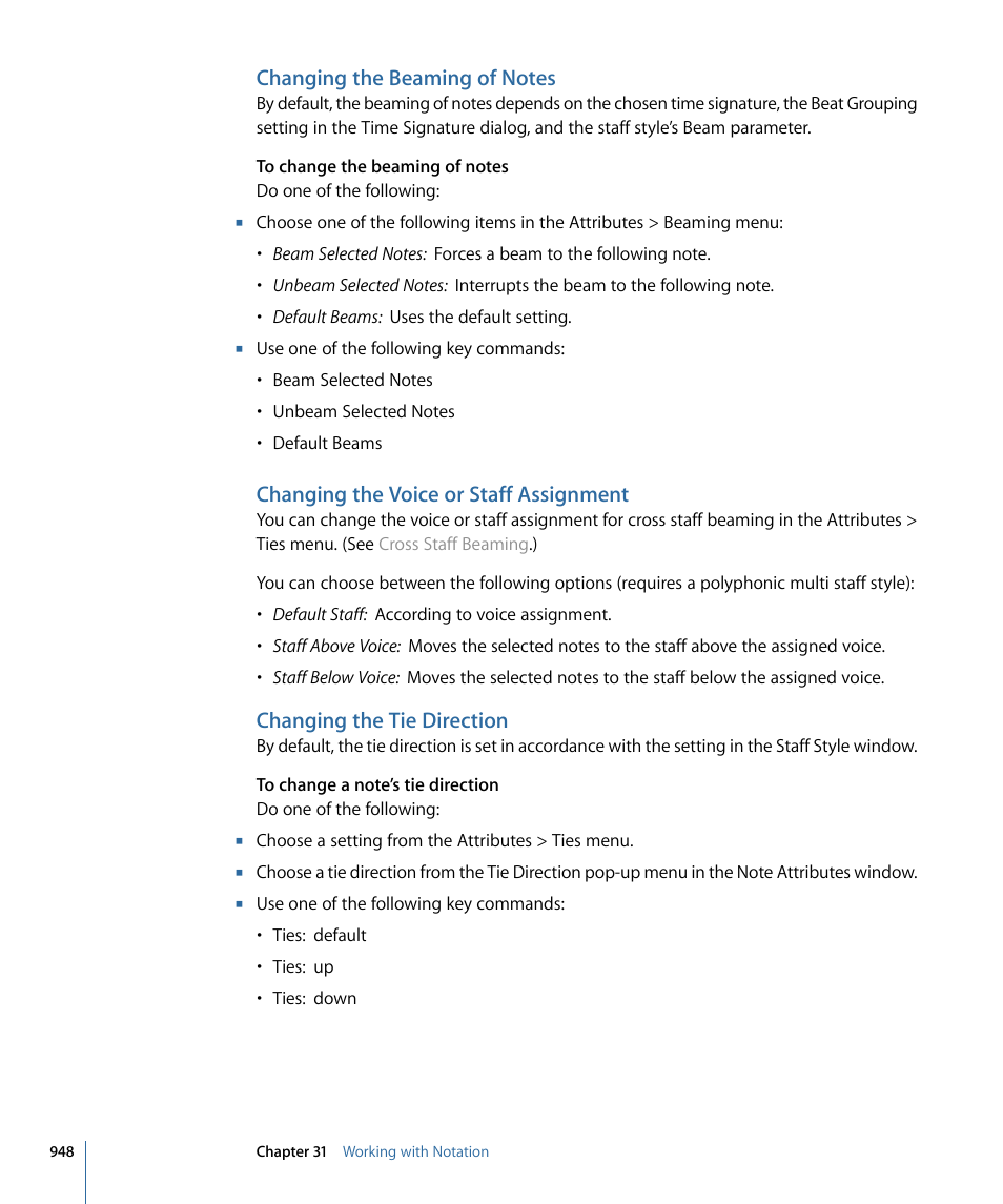 Changing the beaming of notes, Changing the voice or staff assignment, Changing the tie direction | Apple Logic Express 9 User Manual | Page 948 / 1294