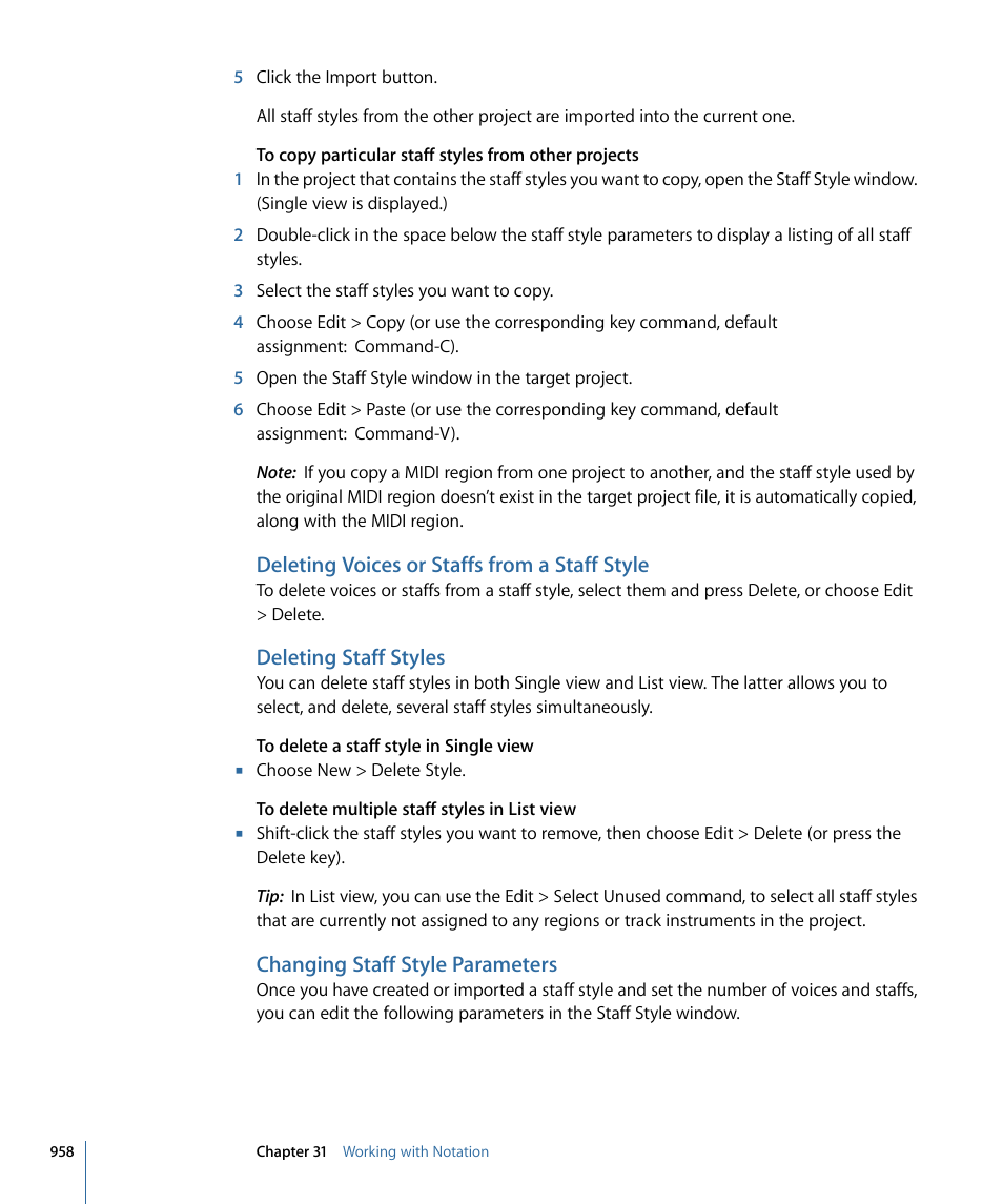 Deleting voices or staffs from a staff style, Deleting staff styles, Changing staff style parameters | Apple Logic Express 9 User Manual | Page 958 / 1294