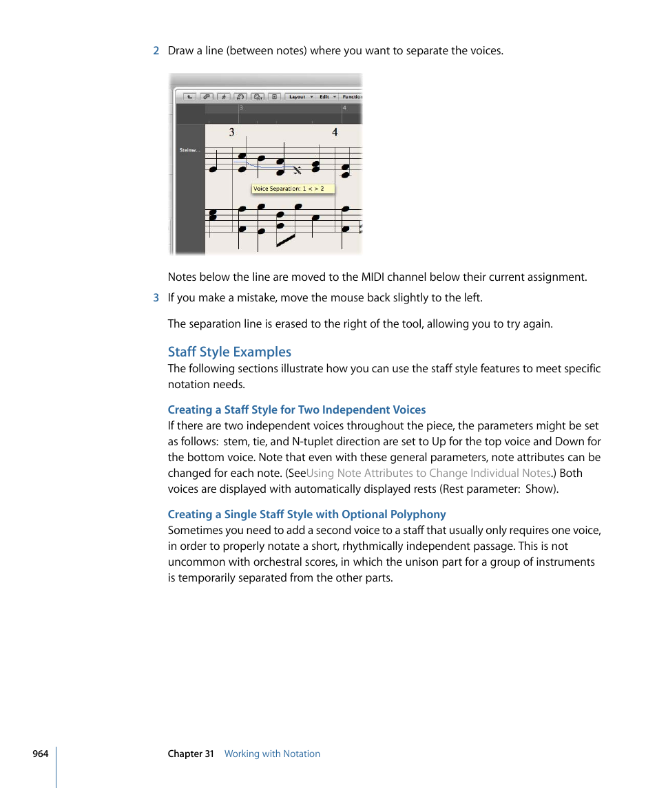 Staff style examples, Creating a staff style for two independent voices | Apple Logic Express 9 User Manual | Page 964 / 1294