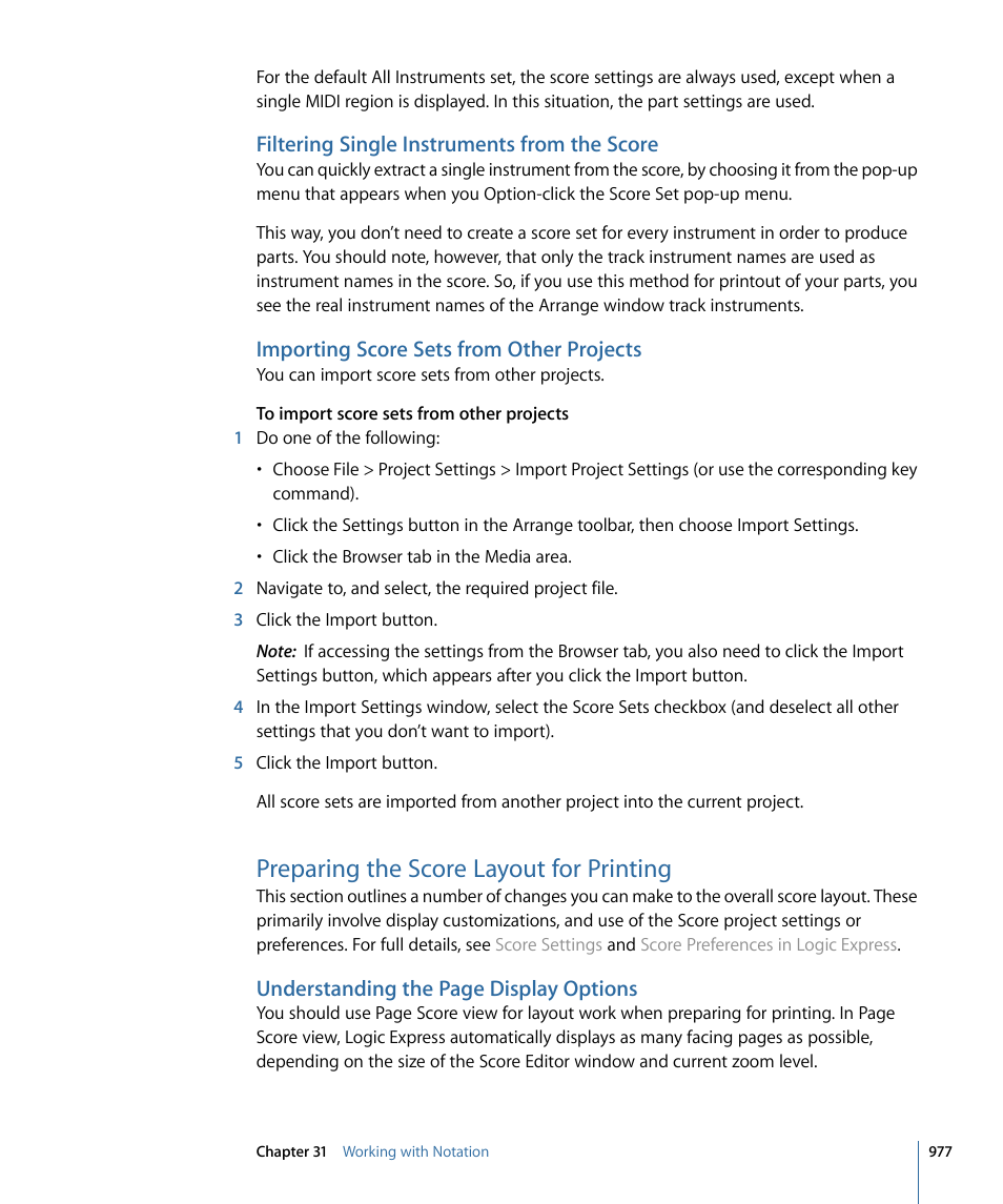 Filtering single instruments from the score, Importing score sets from other projects, Preparing the score layout for printing | Understanding the page display options | Apple Logic Express 9 User Manual | Page 977 / 1294