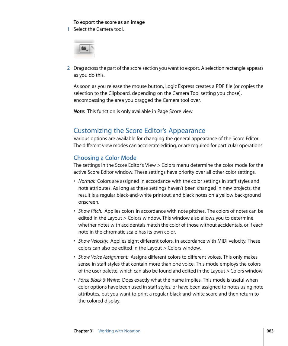 Customizing the score editor’s appearance, Choosing a color mode, Customizing | The score editor’s appearance | Apple Logic Express 9 User Manual | Page 983 / 1294