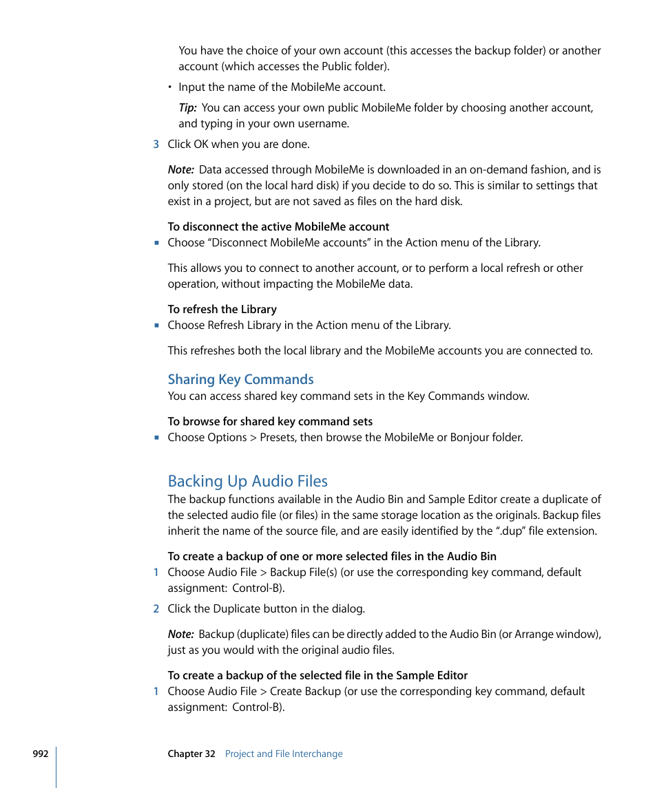 Sharing key commands, Backing up audio files | Apple Logic Express 9 User Manual | Page 992 / 1294