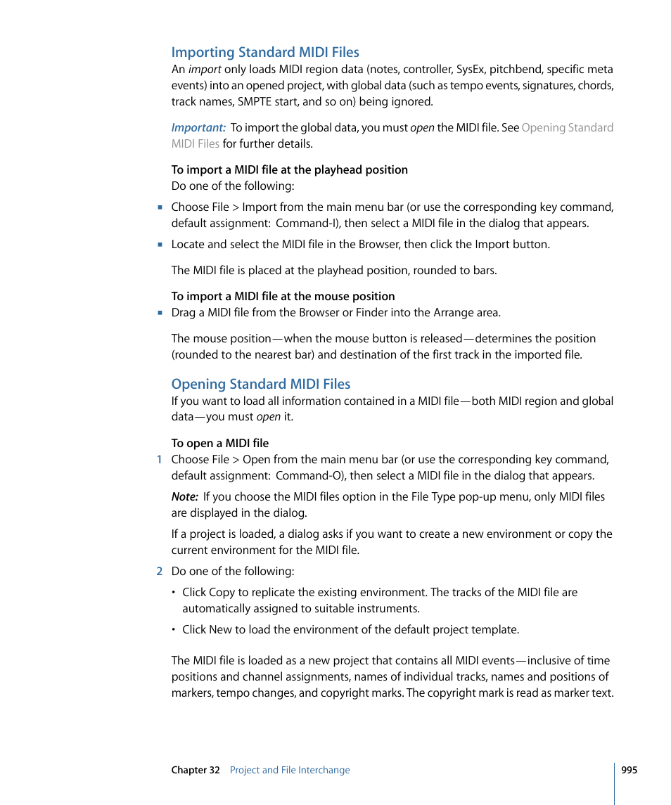 Importing standard midi files, Opening standard midi files | Apple Logic Express 9 User Manual | Page 995 / 1294